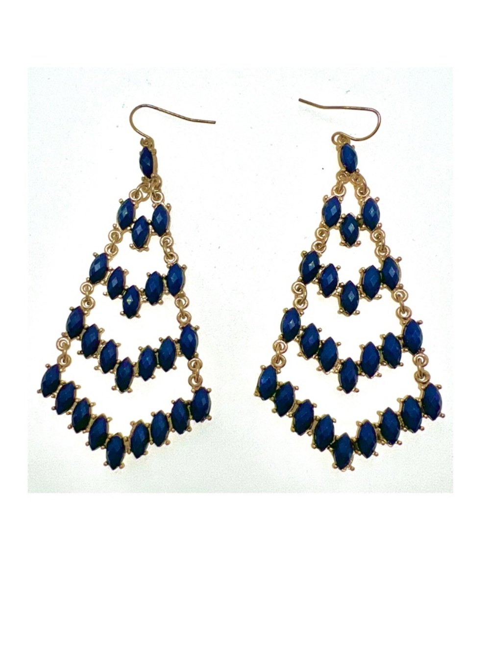 Chandelier Style Pierced Earrings in Gold-tone and Navy Blue - Picture 3 of 4